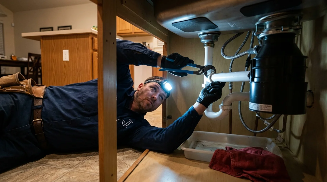 P-trap and supply line connections under a kitchen sink showing a common leak point in Stromsburg, NE